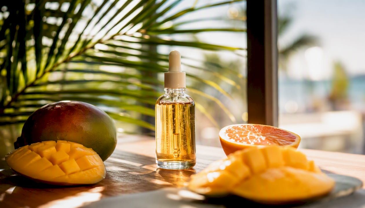 Vitamin C serum bottle with tropical fruit accents