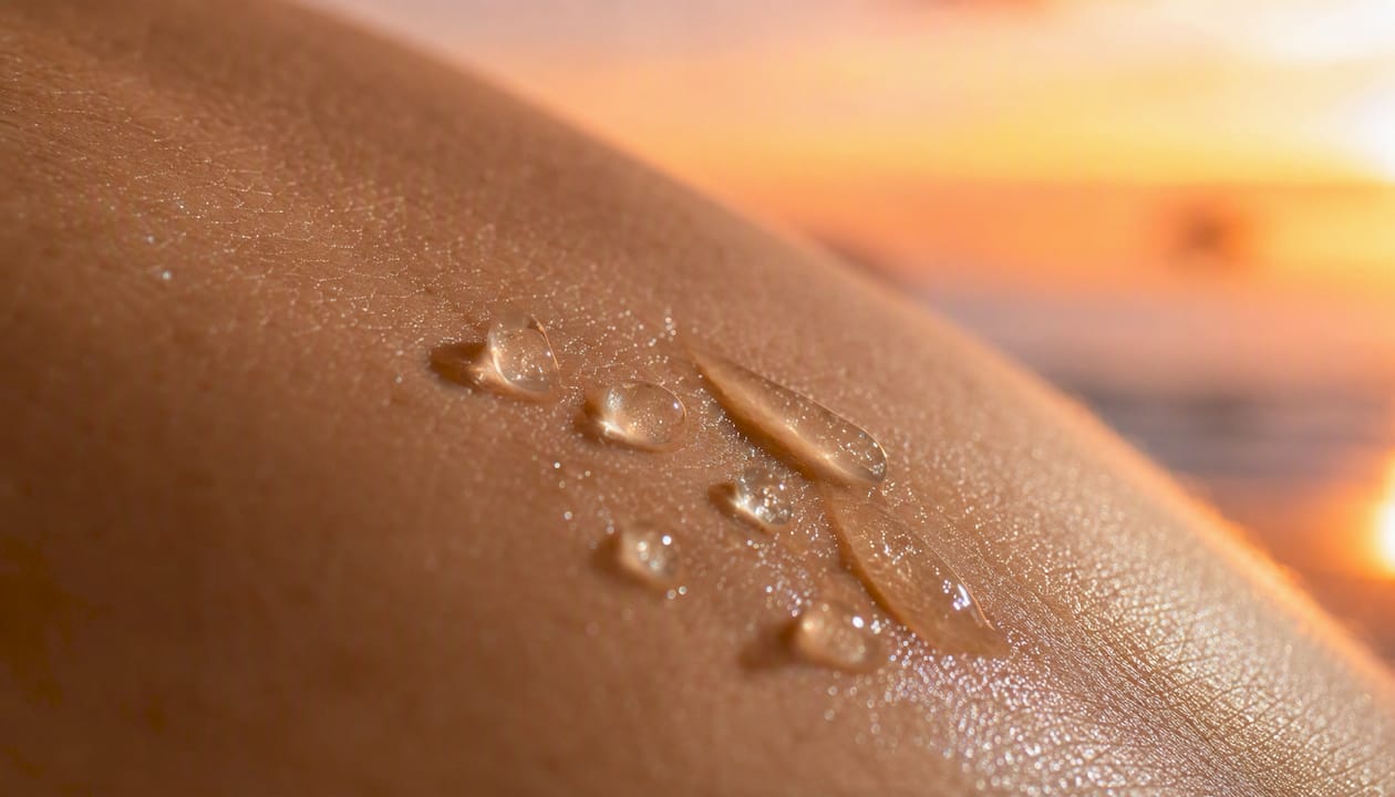 Hyaluronic acid serum droplets on skin