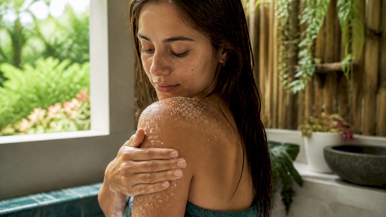 Woman exfoliating arm in tropical bathroom