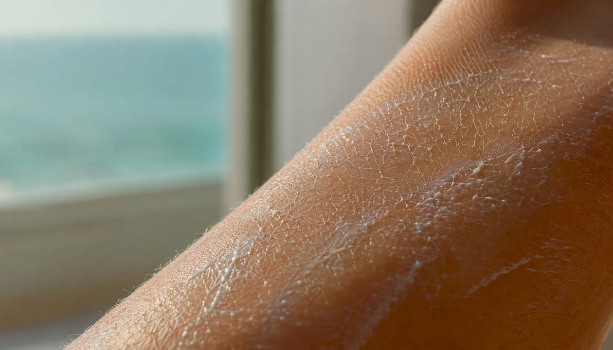 Macro of sunscreen film on skin surface