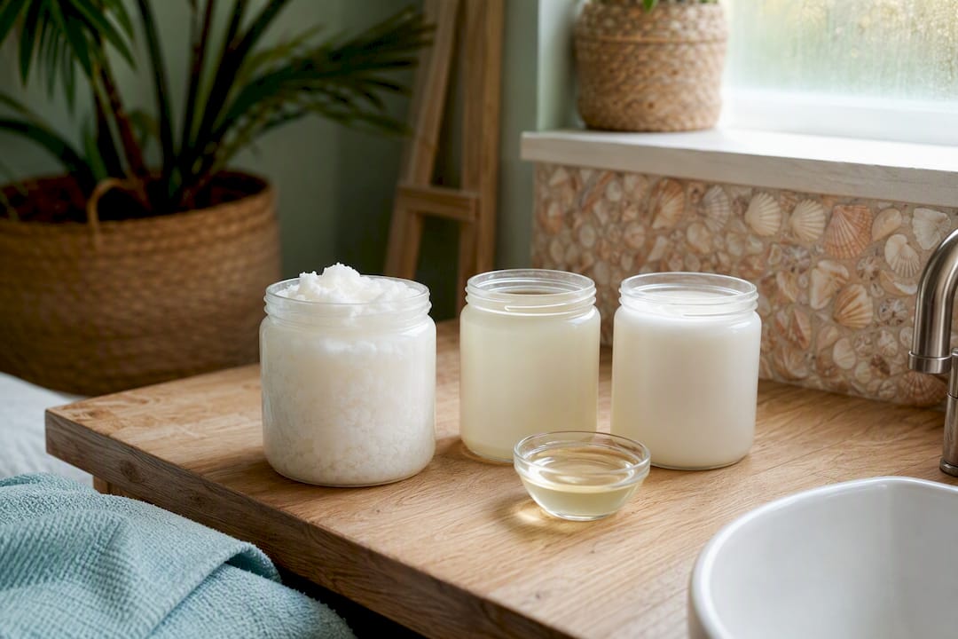 Various types of coconut oil in jars