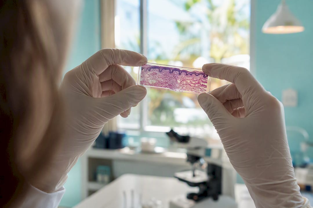 Scientist holding skin cells slide macro photo