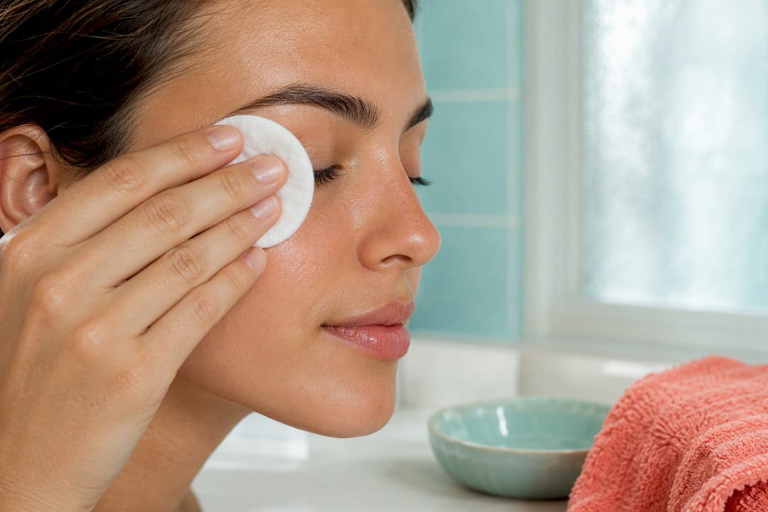 Cotton pad gently removing sunscreen near eye