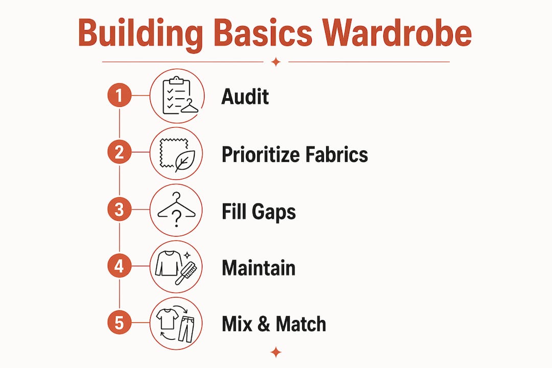 Infographic outlining steps to build a basics-first wardrobe