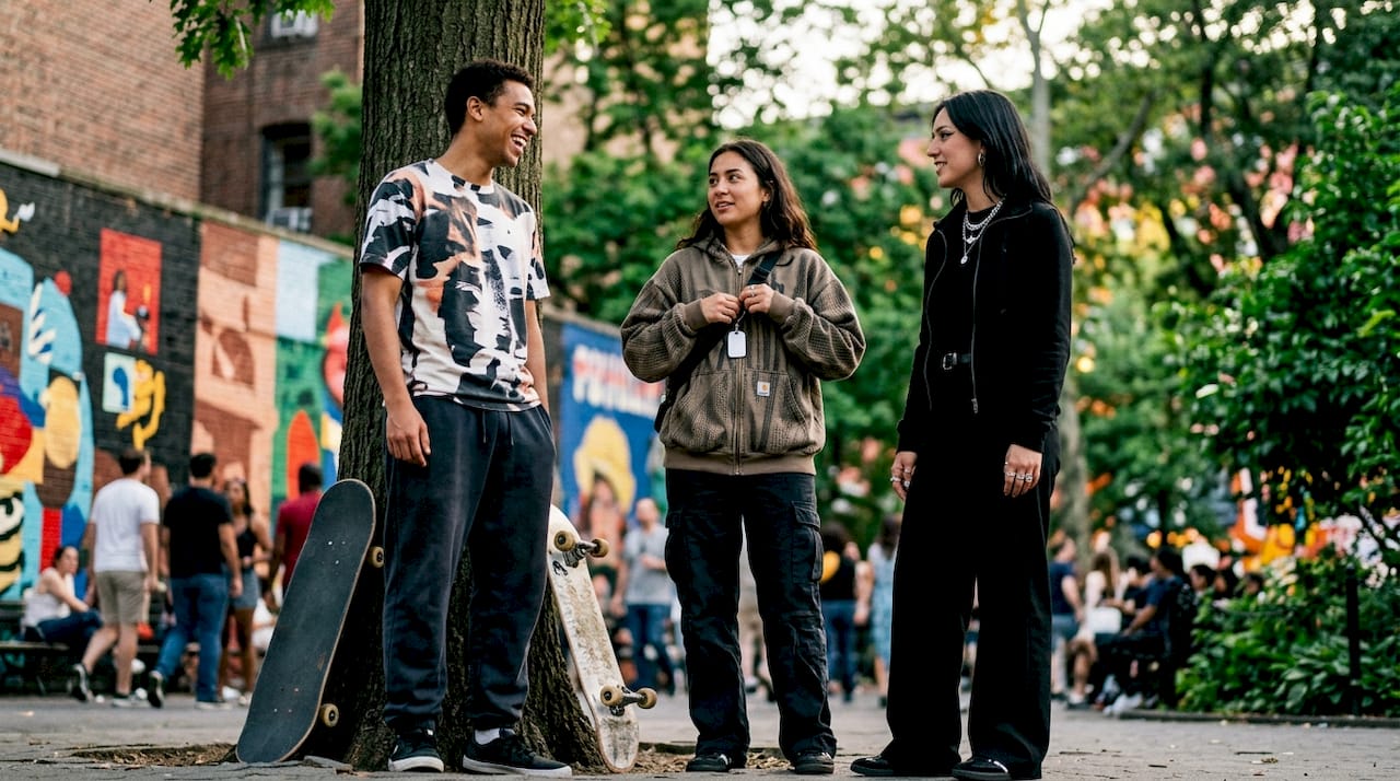 Group showing diverse streetwear styles at skatepark