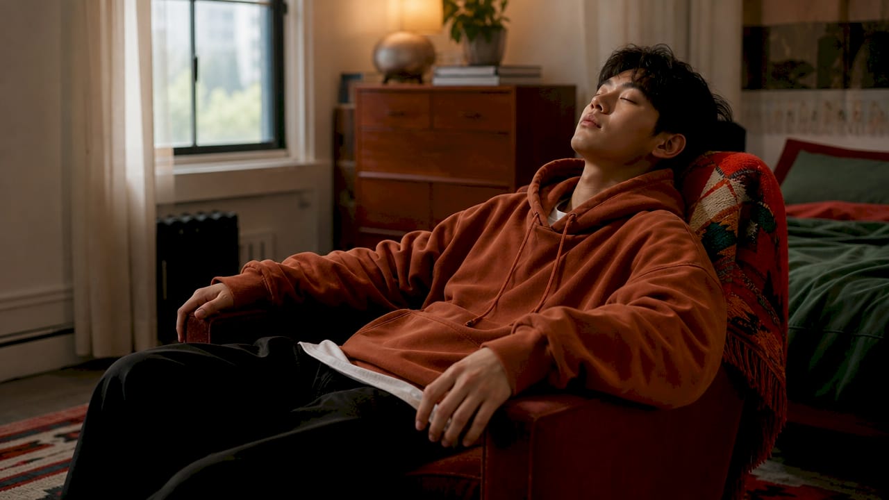 Teenager relaxing in oversized comfortable streetwear