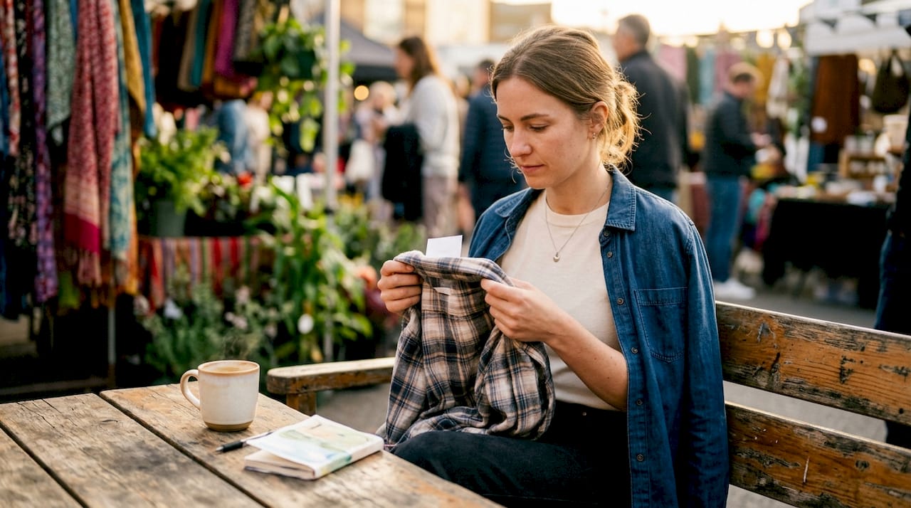 Woman considering third piece in casual outfit at café