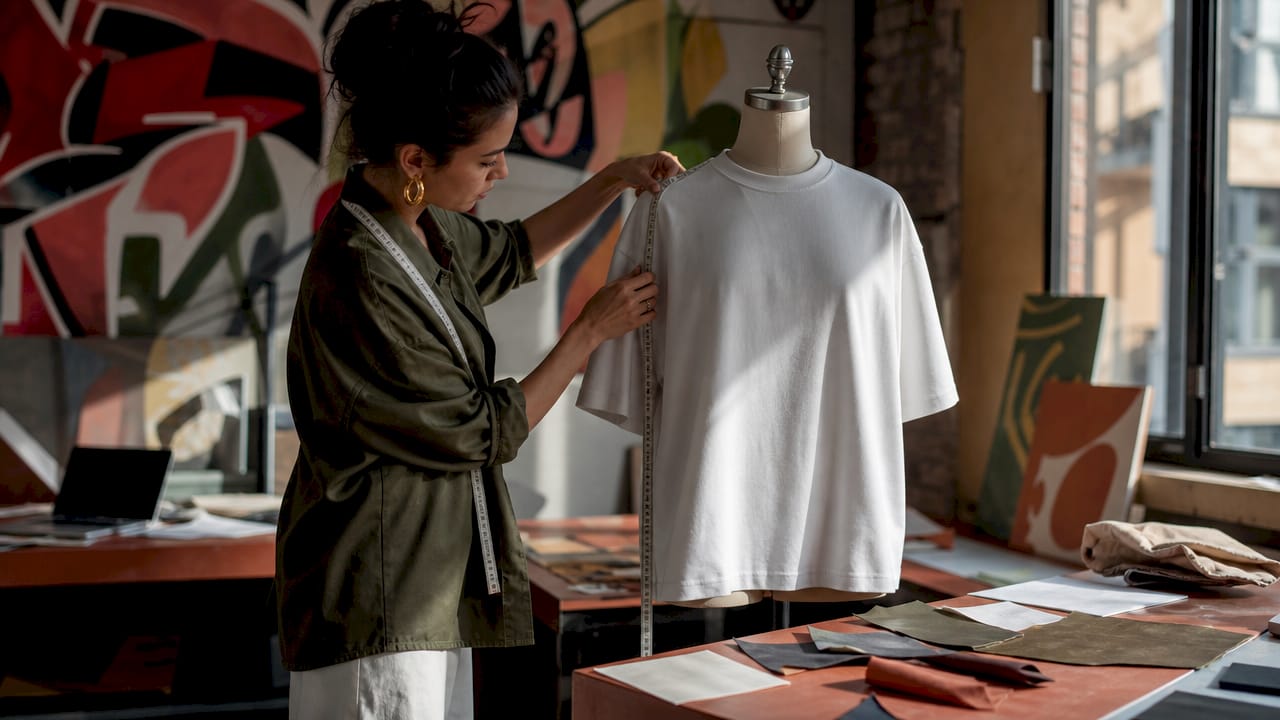 Designer fitting oversized tee on mannequin