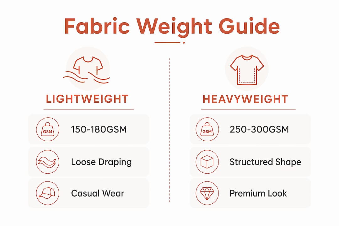 Infographic comparing fabric weight categories for oversized tees