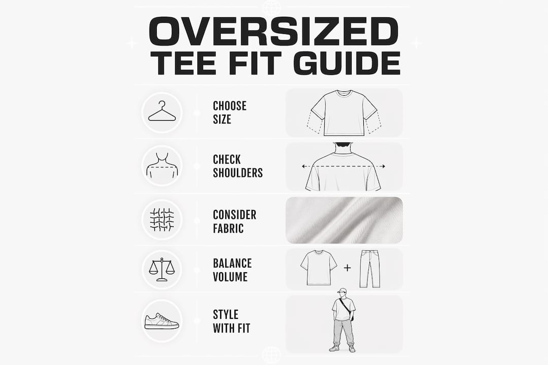 Infographic showing oversized tee fit guide steps