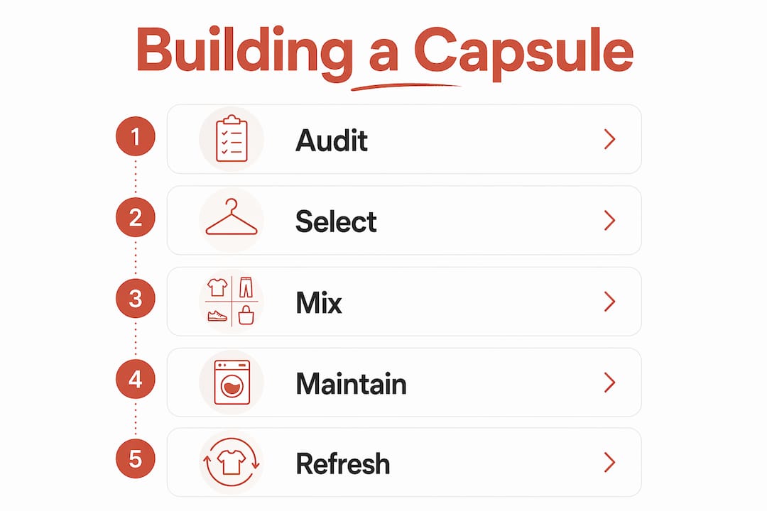 Infographic showing five steps to build a capsule wardrobe