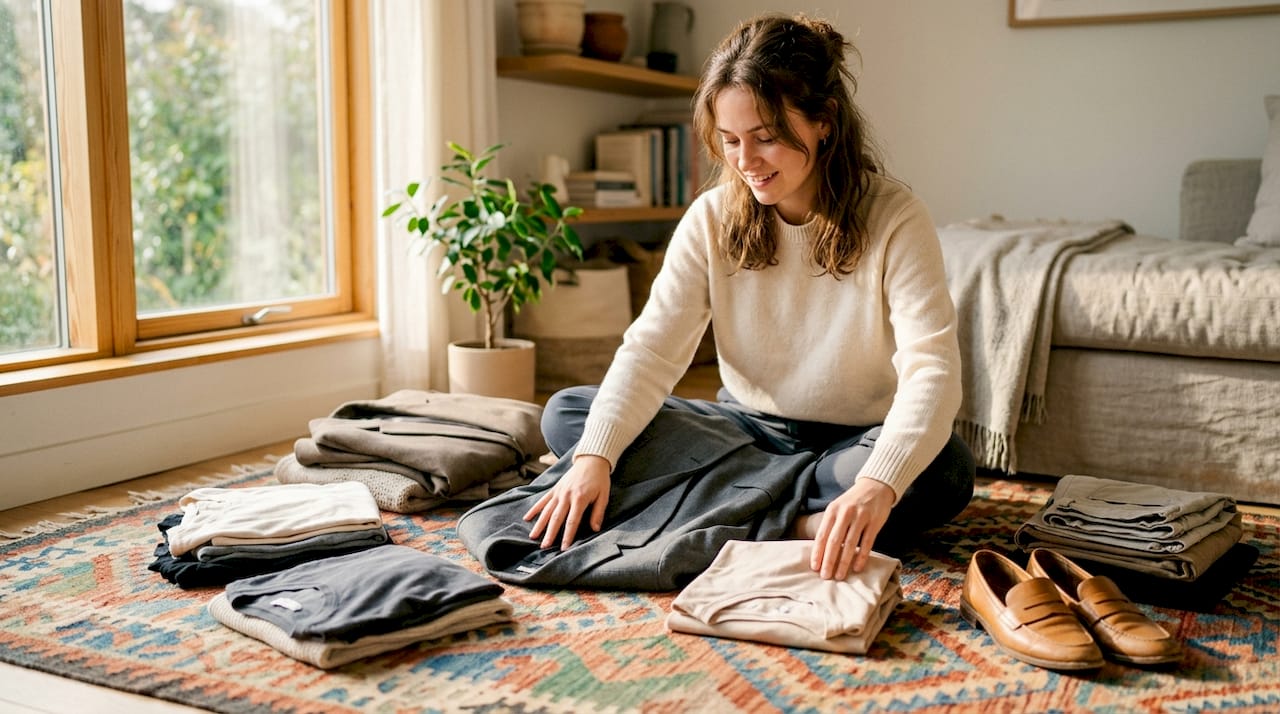 Neutral clothing pieces flat lay for capsule wardrobe
