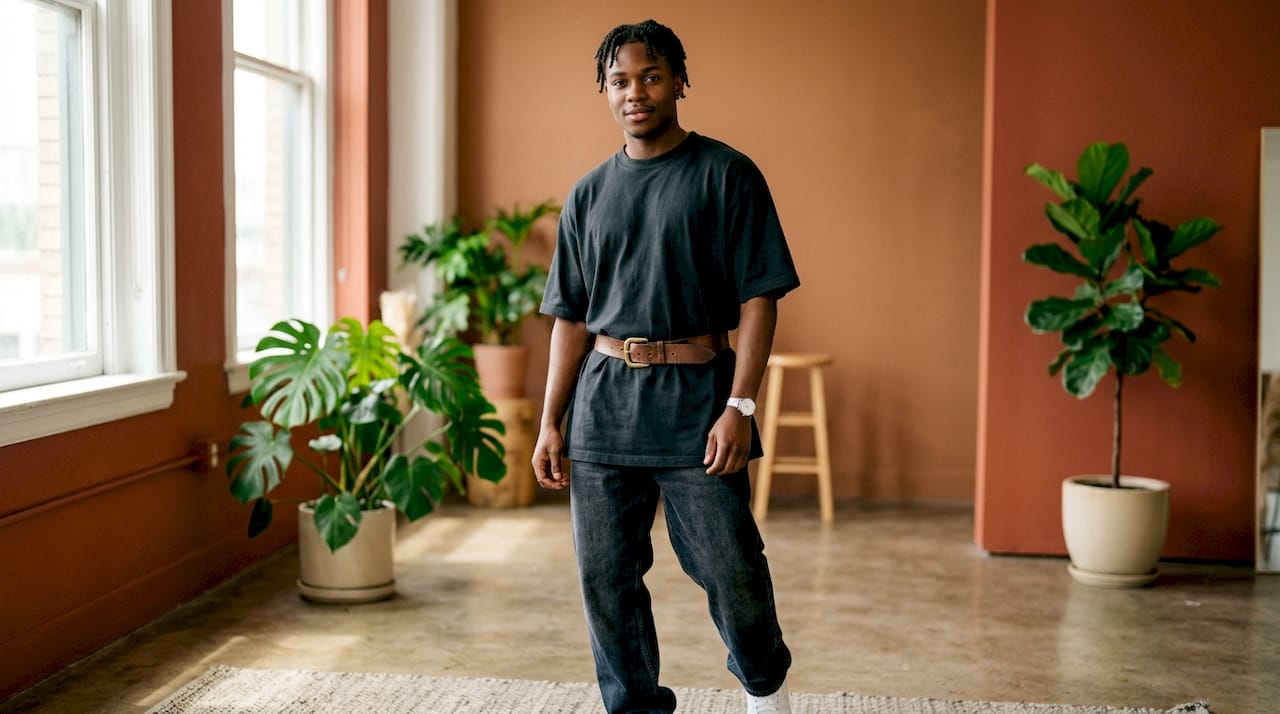 Close-up studio image showing oversized t-shirt fit with belt