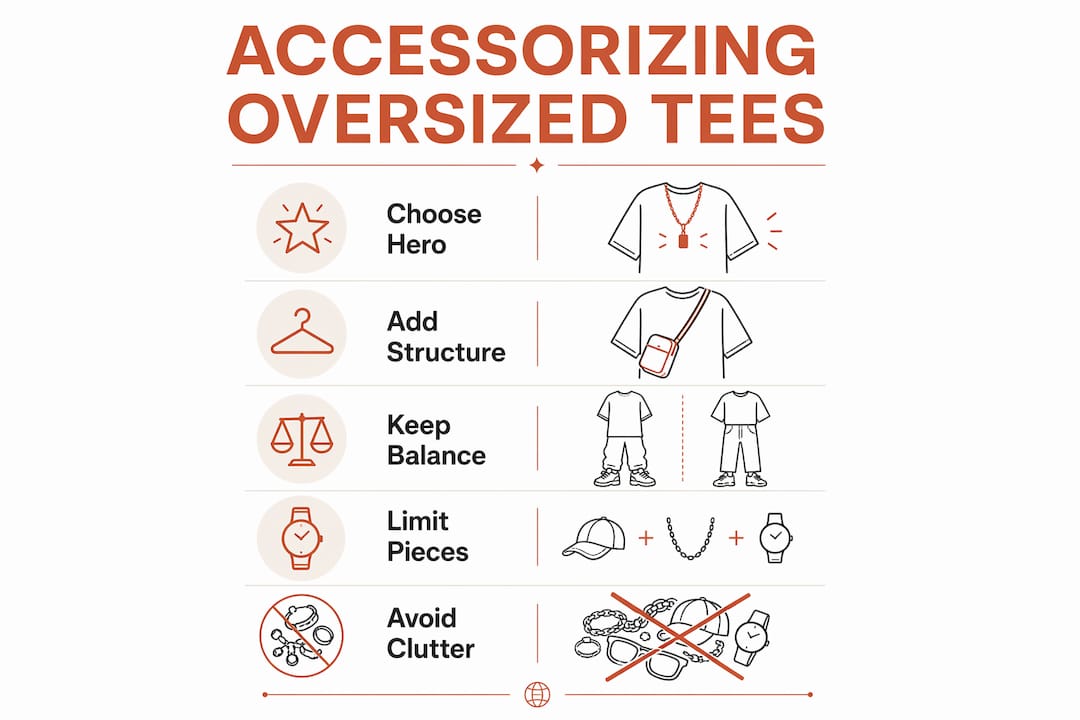 Infographic showing 5 key steps to accessorize oversized t-shirts