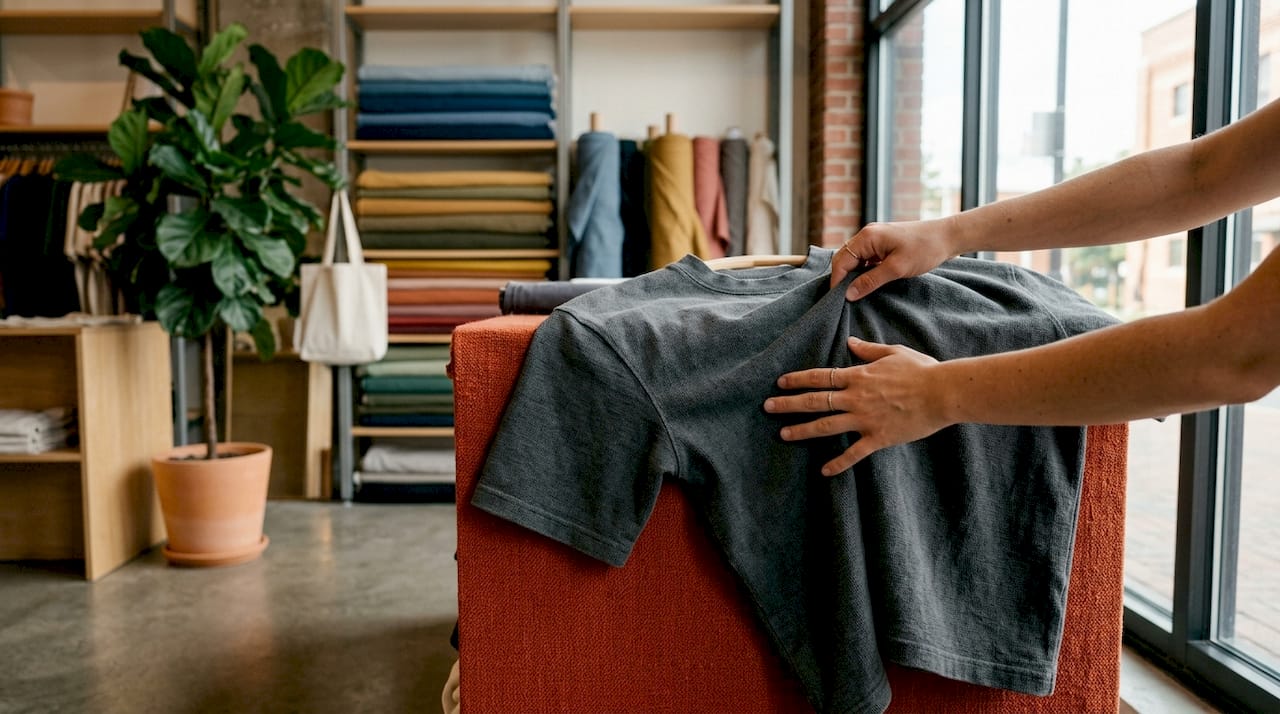 Hands touching heavyweight cotton fabric