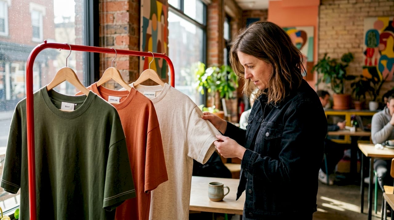 Stylist comparing oversized t-shirt fits in studio