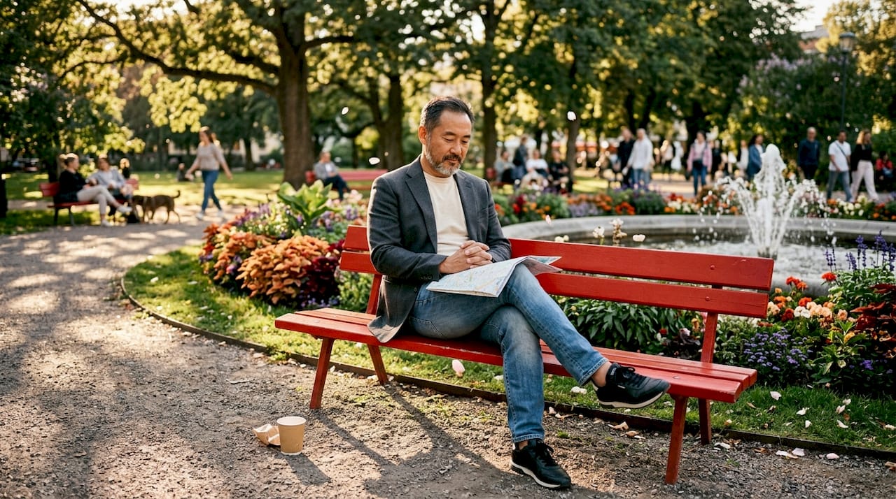 Man wearing blazer and jeans sitting on park bench