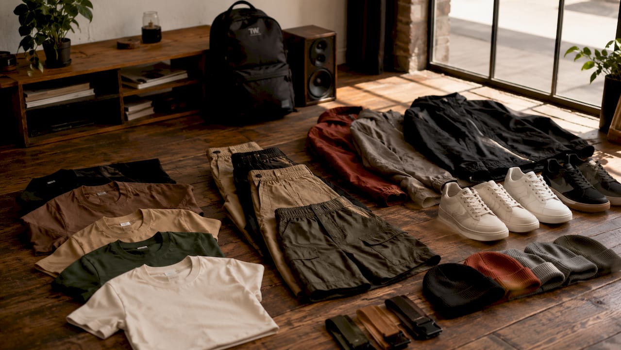 Flat lay of streetwear basics categories