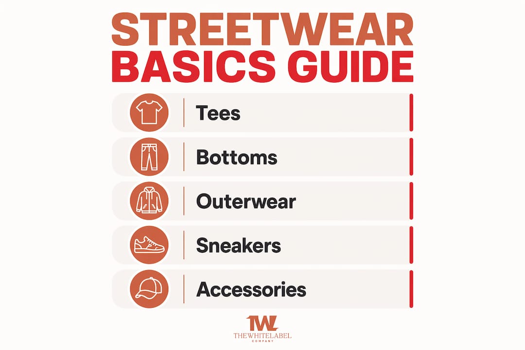 Infographic listing streetwear basics categories