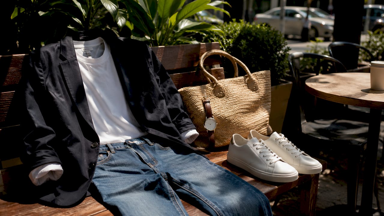 Flat lay of basic tee blazer jeans sneakers outfit