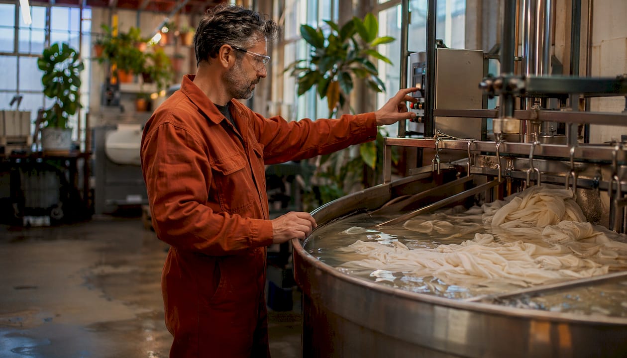 Technician overseeing cotton in sodium hydroxide bath