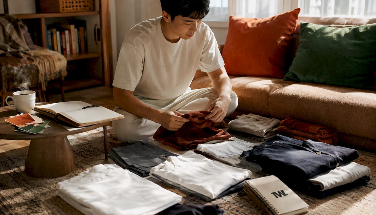 Hands arranging small wardrobe outfit combinations
