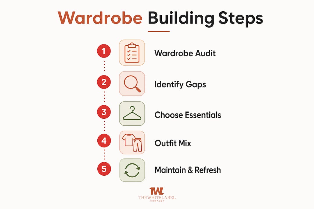Infographic showing key steps for building an affordable wardrobe