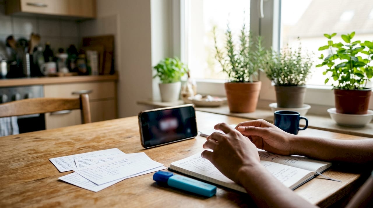 Hands recording speaking practice on smartphone