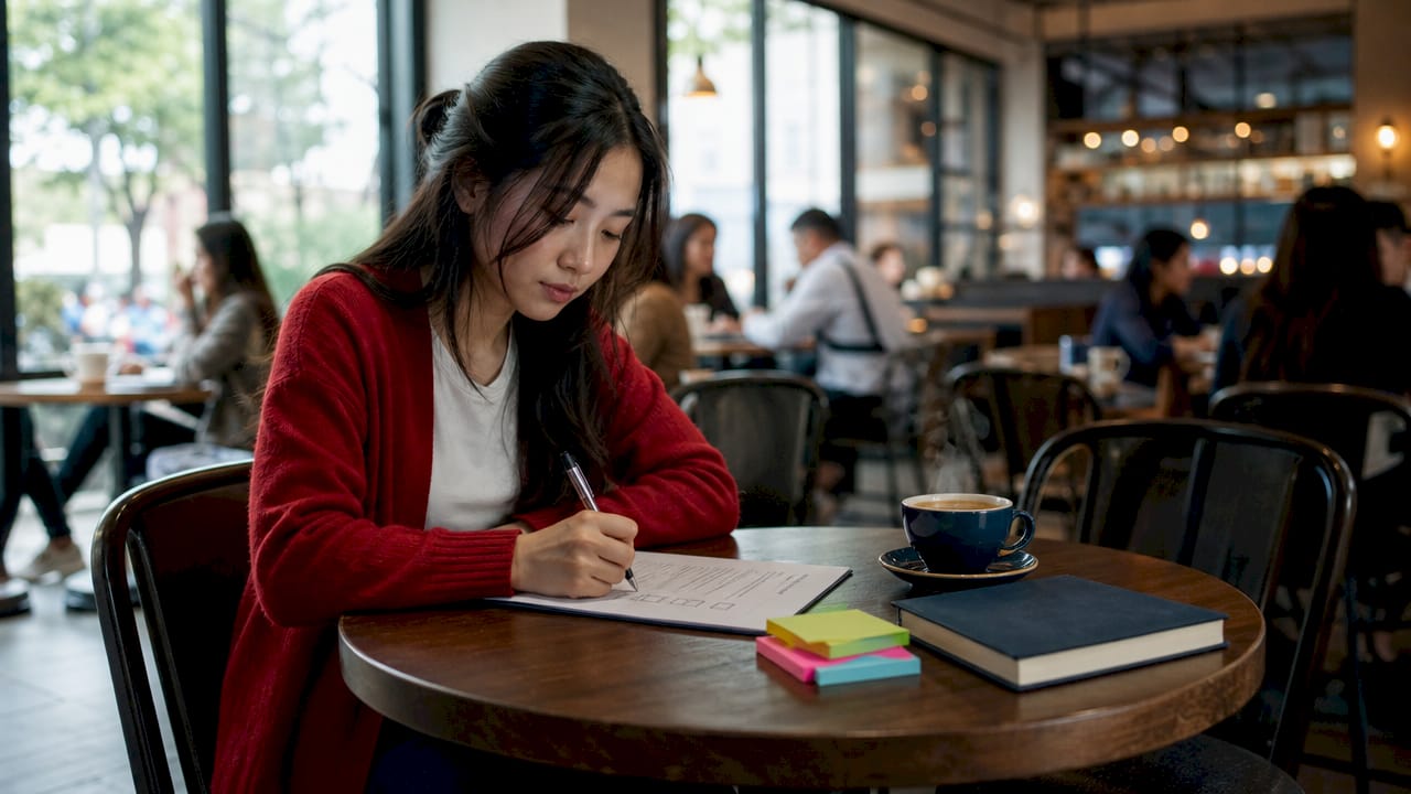 Woman doing language self-assessment at desk