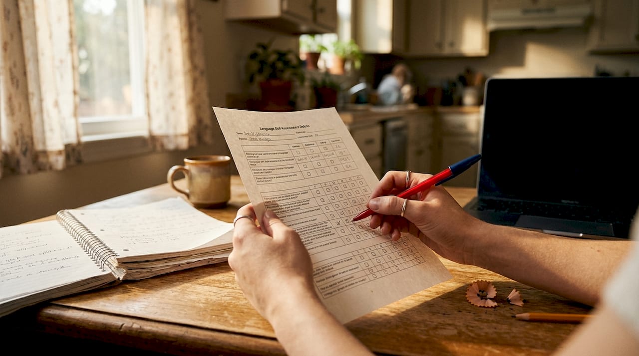 Hands marking self-assessment checklist with pencil