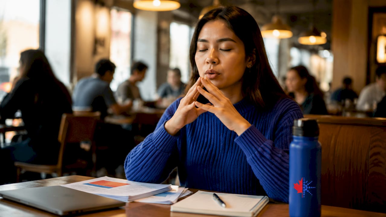 Woman practicing breathing technique at desk