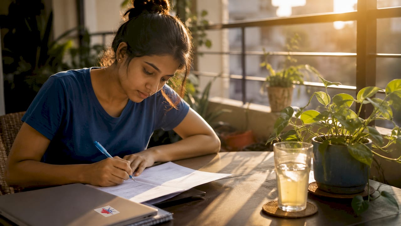 Student actively practicing exam questions at home