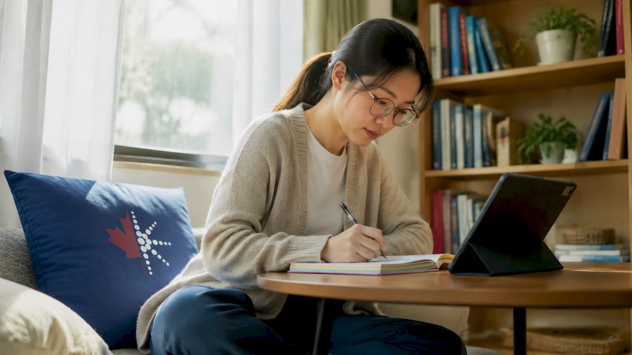 Woman practicing timed exam at home desk