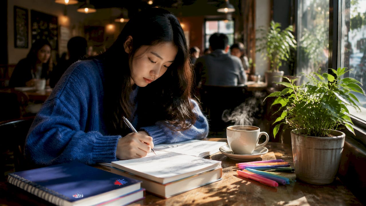 Woman practicing language exercises at home desk