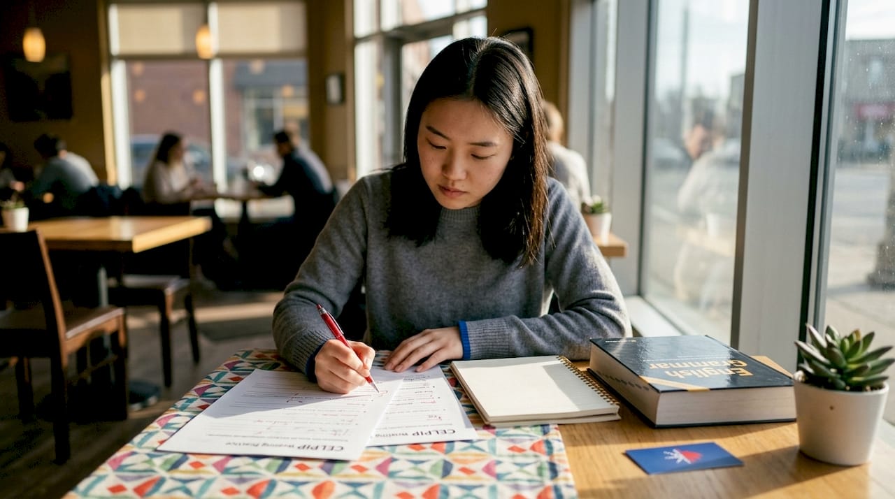 Student marking CELPIP writing practice papers