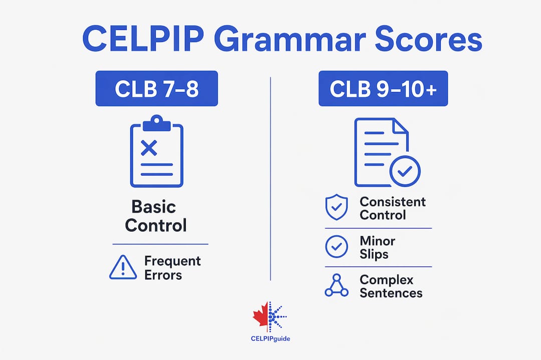 Infographic comparing CELPIP grammar score levels