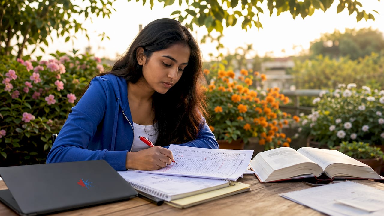 Woman reviewing English test answers at home table