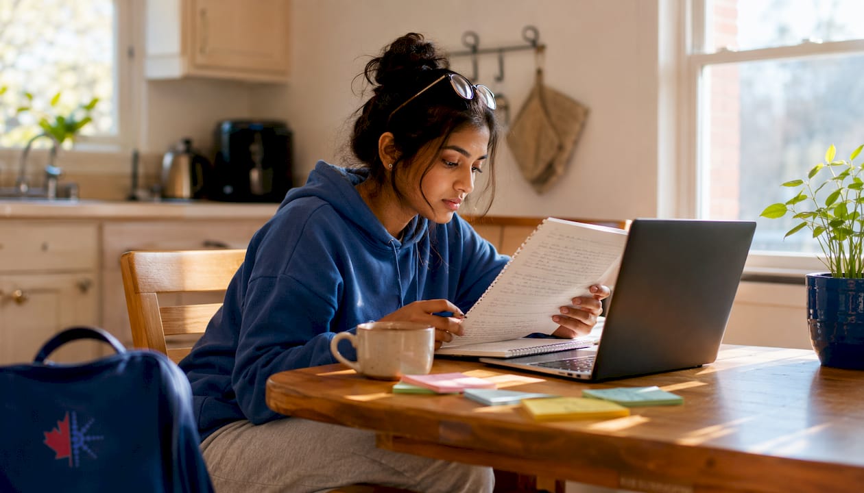 Woman focused on CELPIP diagnostic test at desk