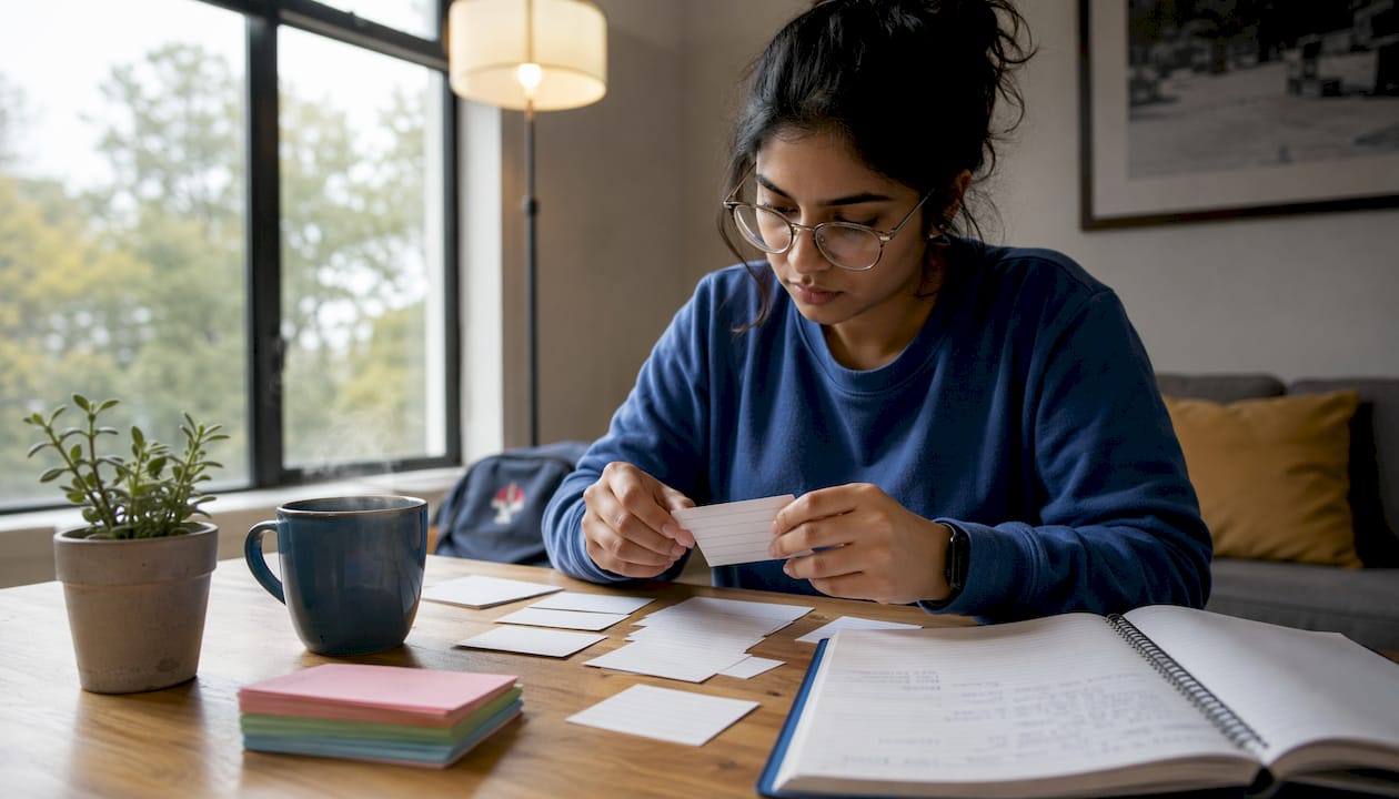Woman studying vocabulary flashcards at kitchen table
