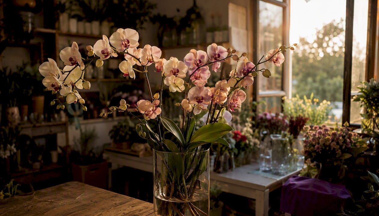 Phalaenopsis orchids in vase close-up