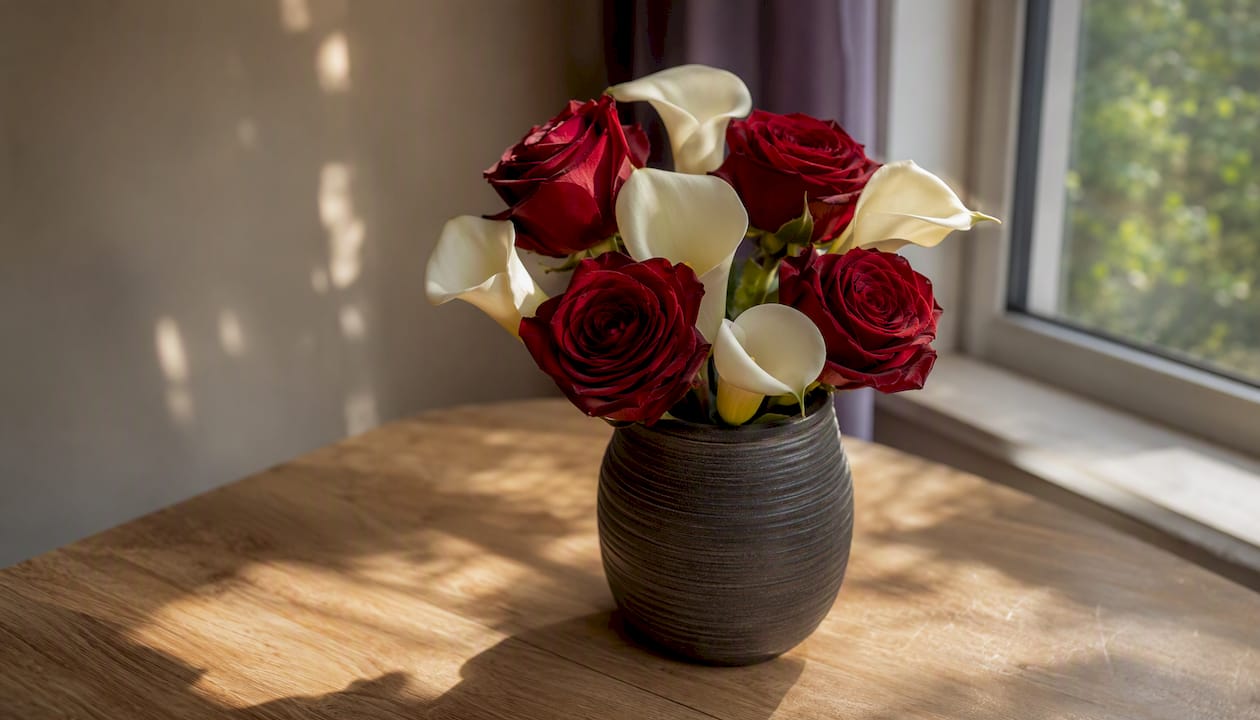 Romantic floral bouquet with red roses and white calla lilies
