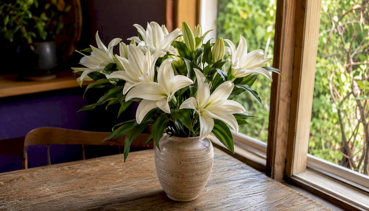 Pollen-free Oriental lily flowers close-up