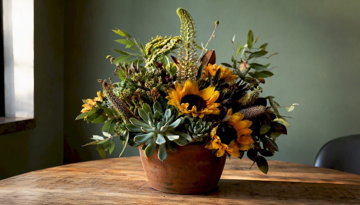 Birthday floral arrangement with sunflowers and succulents