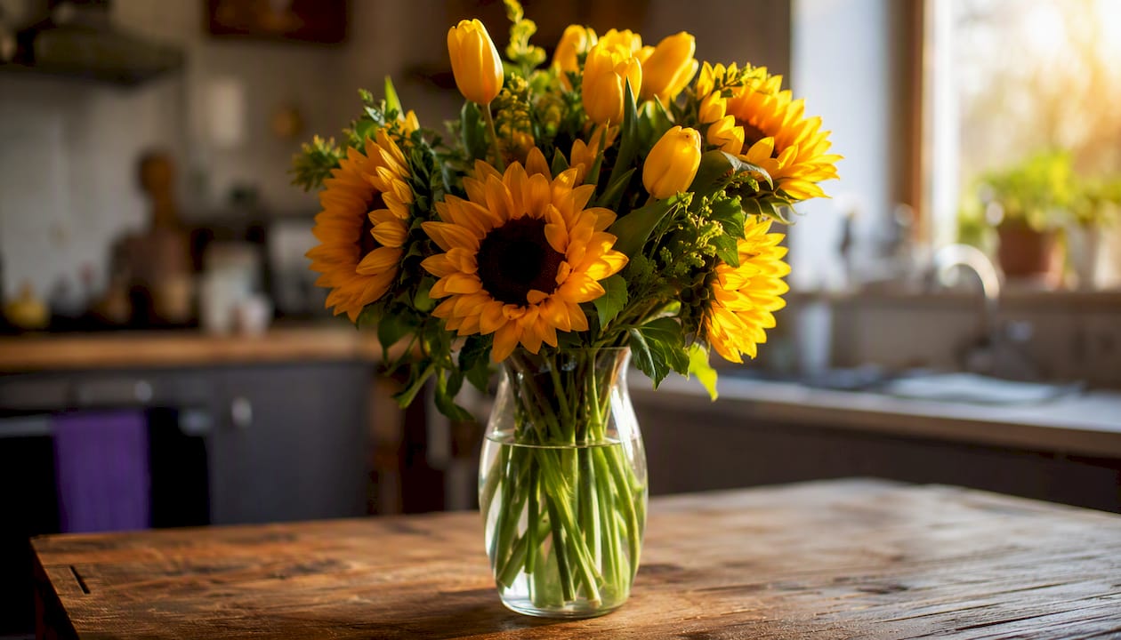 Sunflowers and tulips birthday bouquet
