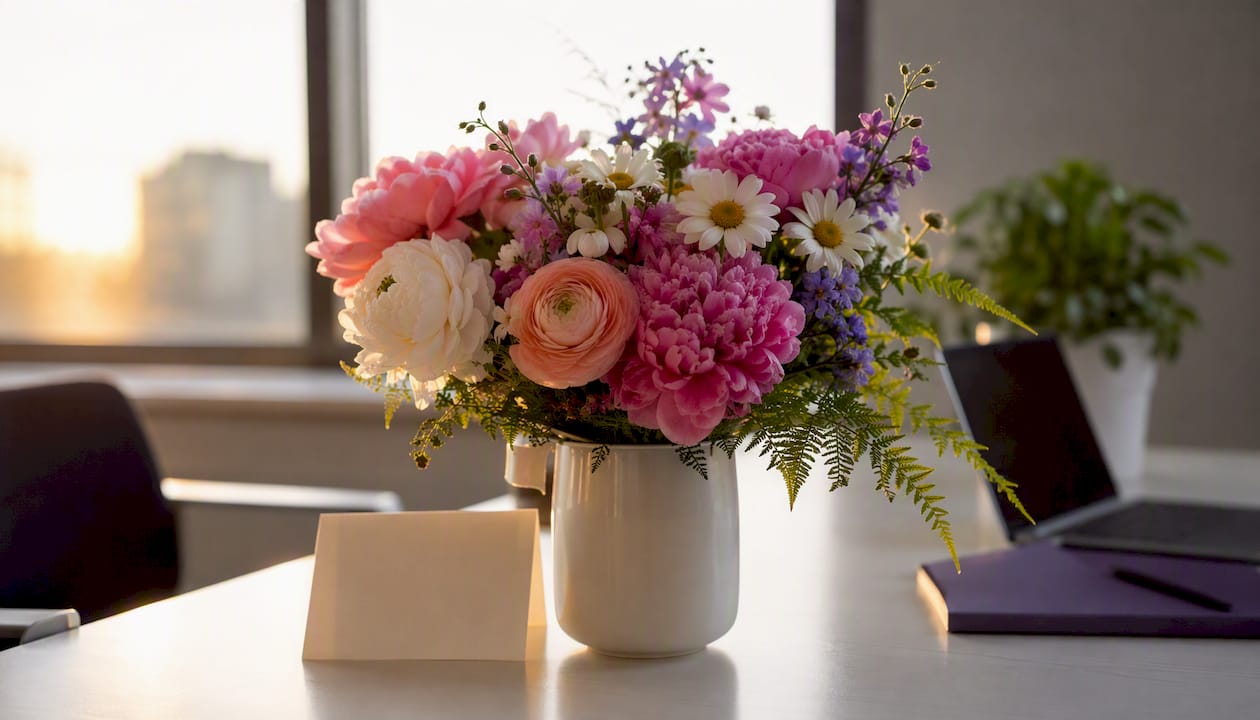 Mixed seasonal bouquet on office desk