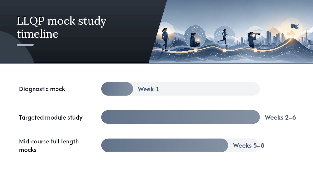 Diagram of 8-12 week LLQP mock exam study plan