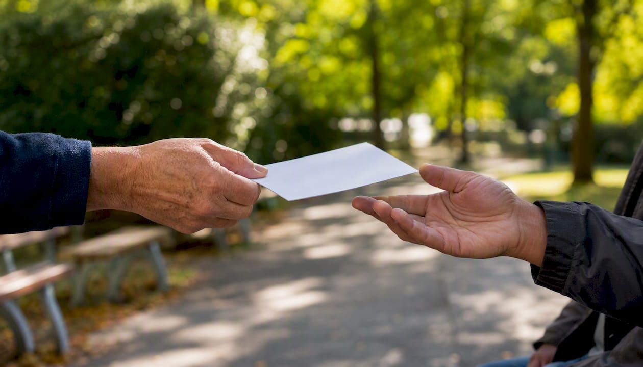 Hands passing annuity payment envelope