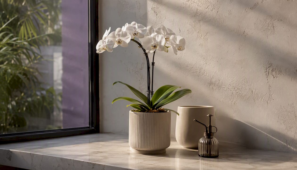 Blooming potted white orchid on shelf