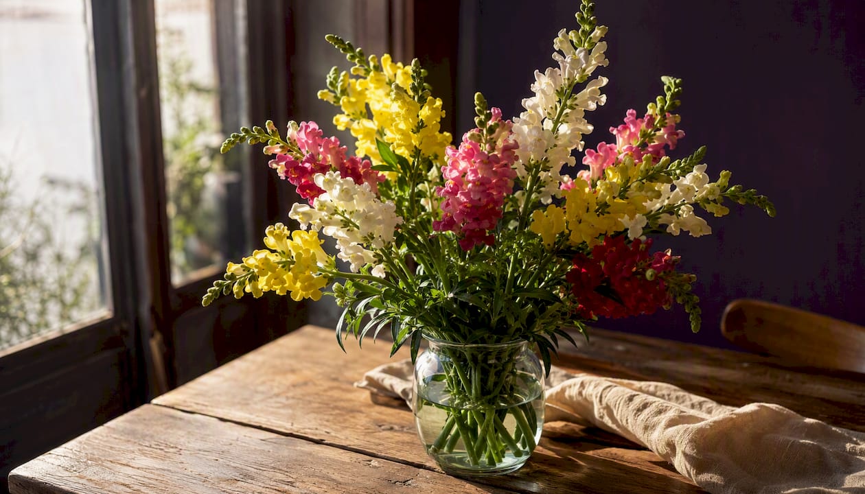 Colorful snapdragons bouquet in clear vase