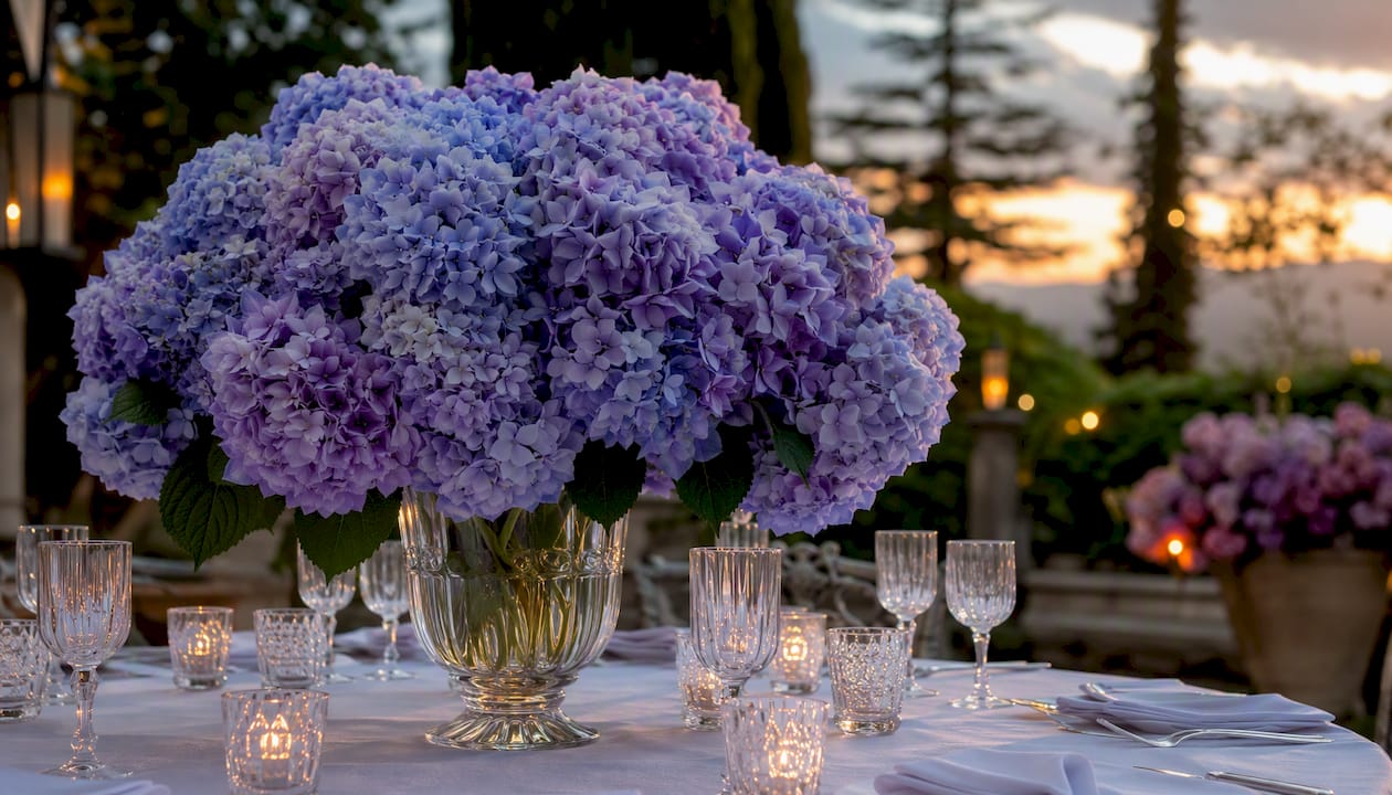 Hydrangea centerpiece on banquet table